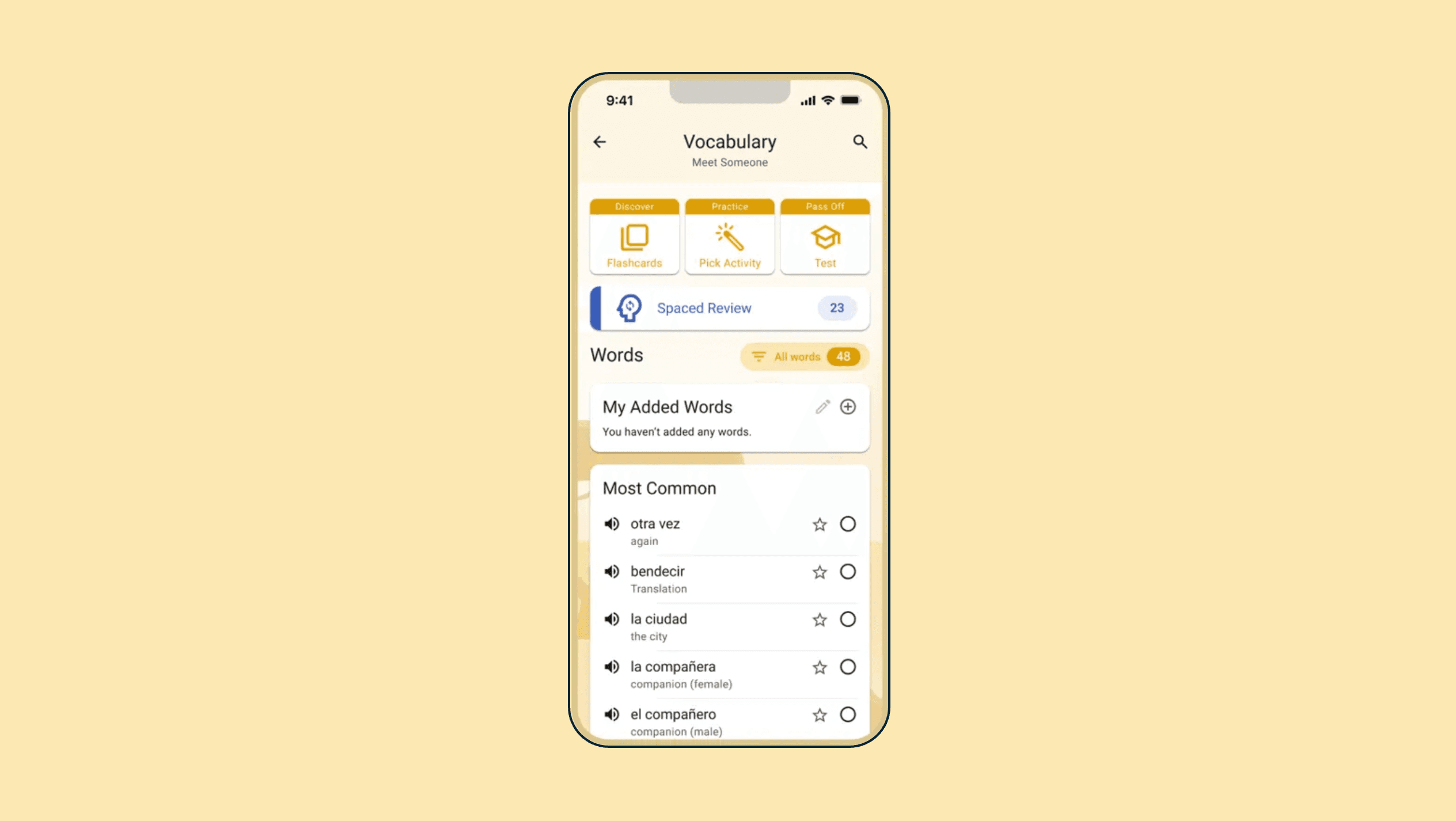Screenshot of the vocabulary page of the embark app